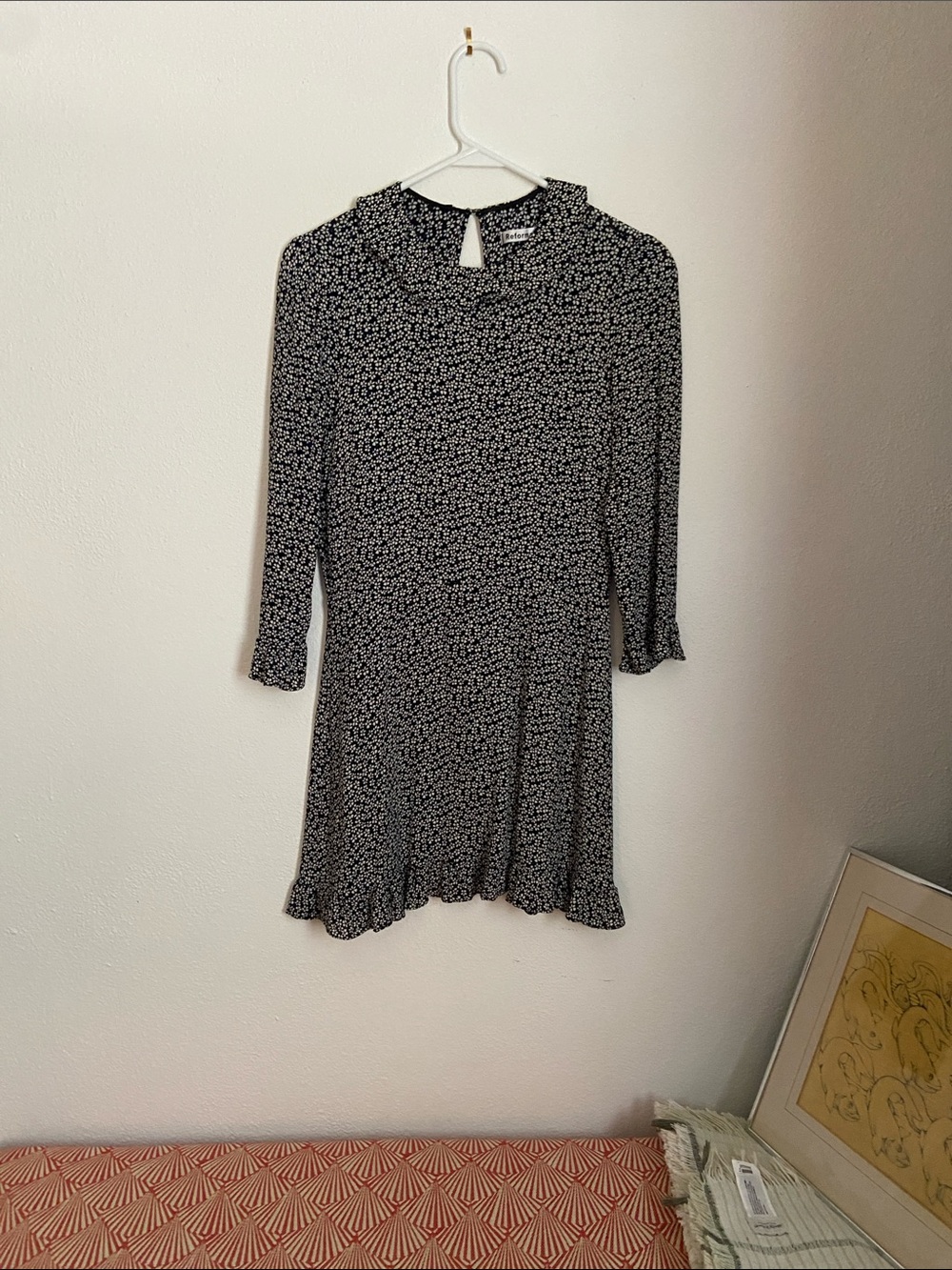 Reformation Black Floral Ruffle-Hem Dress